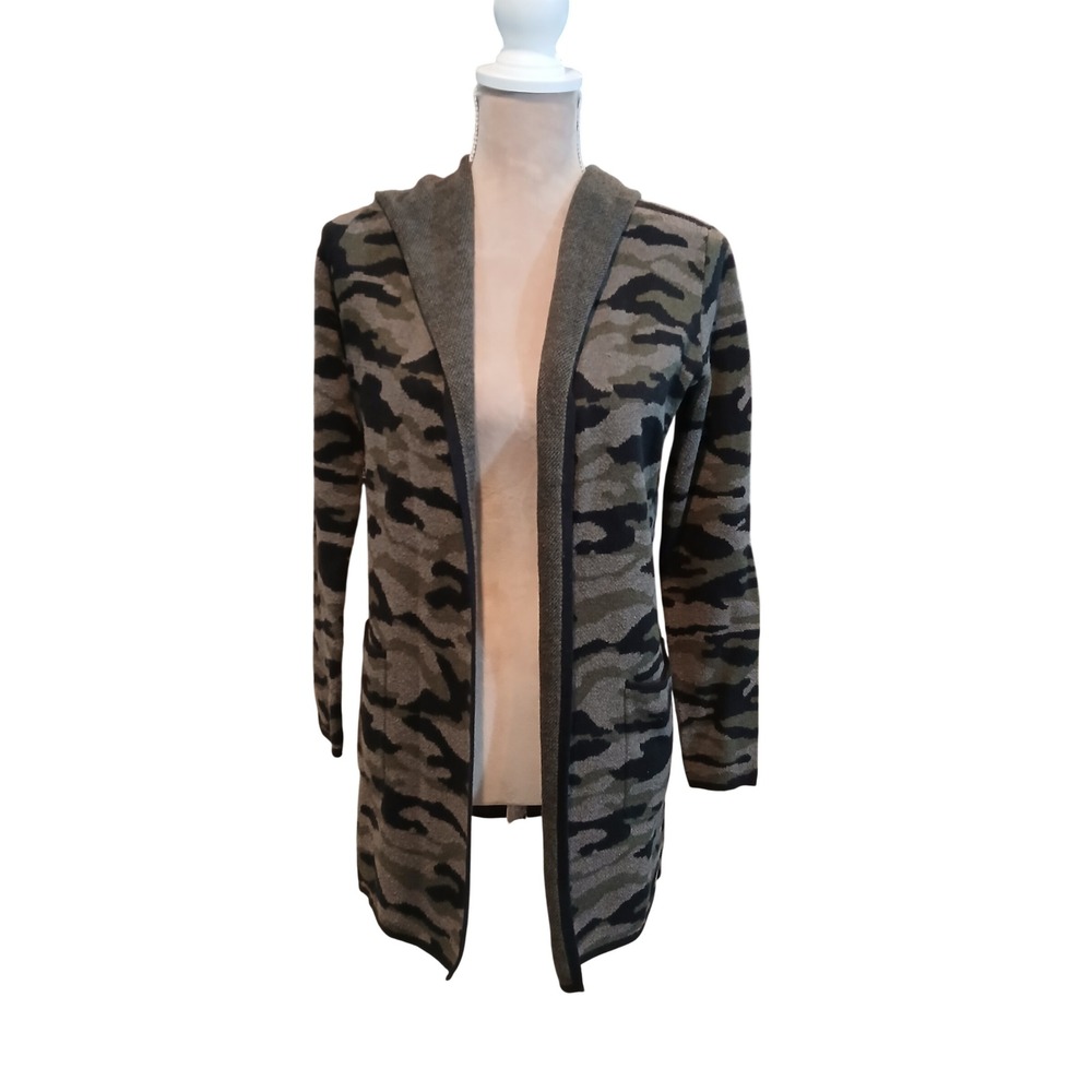 Rachel Zoe Camo Hooded Open Front Cardigan Sweater Green Black Camouflage XS